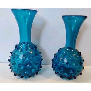 Vtg Pair Italian Empoli Aqua Blue Art Glass Spiky Hobnail Vases Hand Blown MCM
